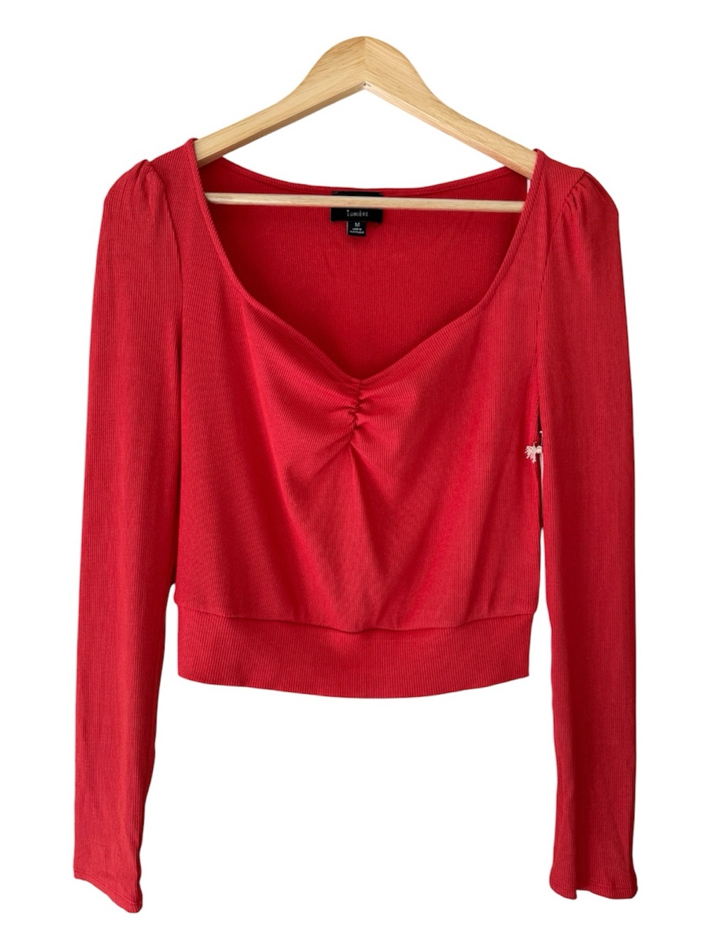 Lumiere Red Cropped Long Sleeve Sweetheart Neckline Top